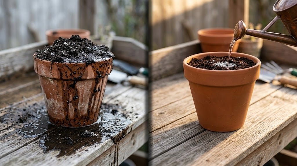 Potting soil calculator result showing overflowing pot versus correctly filled pot with watering gap