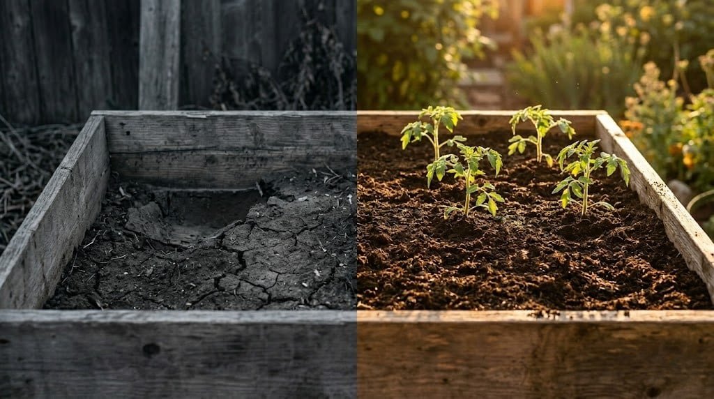 Raised bed soil calculator benefit: sunken bed on left, correctly filled bed on right