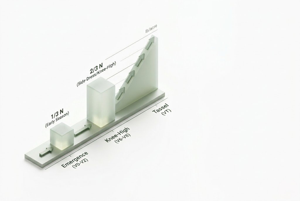 Corn nitrogen calculator diagram showing one-third early application and two-thirds knee-high split timing