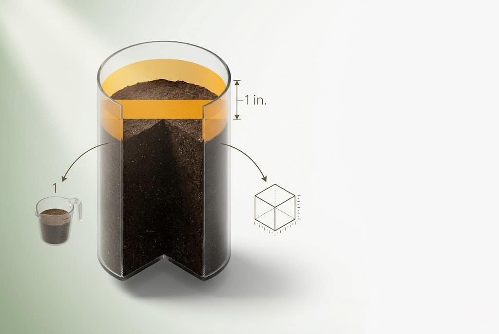 Isometric diagram of potting soil calculator showing one-inch watering gap deduction inside a cylinder