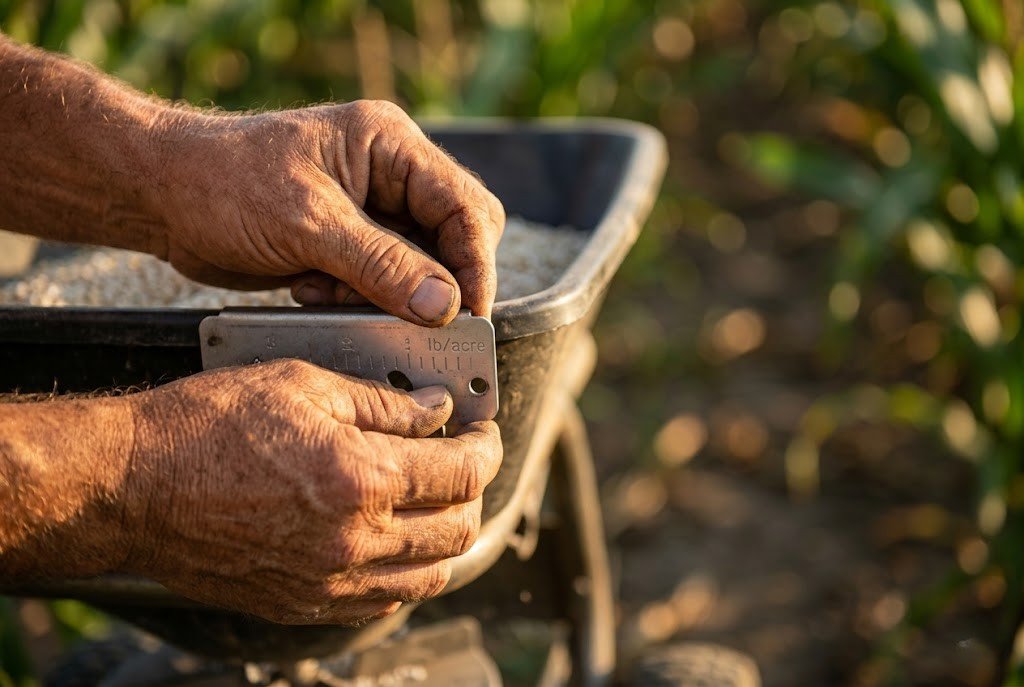 Farmer calibrating broadcast spreader to corn nitrogen calculator output rate in pounds per acre