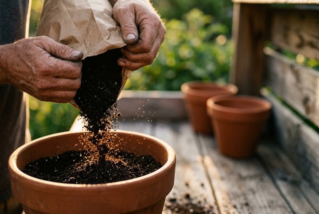 Gardener pouring exact quarts from potting soil calculator result into a twelve-inch terracotta pot