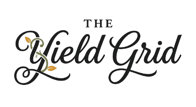 The Yield Grid logo: Featuring 'THE' in small caps and 'Yield Grid' in a flourishing black script font with green vine and gold leaf accents on the letter Y.