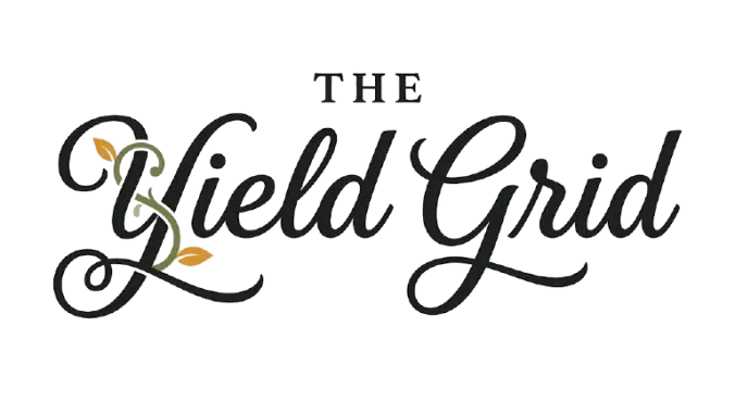 The Yield Grid logo: Featuring 'THE' in small caps and 'Yield Grid' in a flourishing black script font with green vine and gold leaf accents on the letter Y.