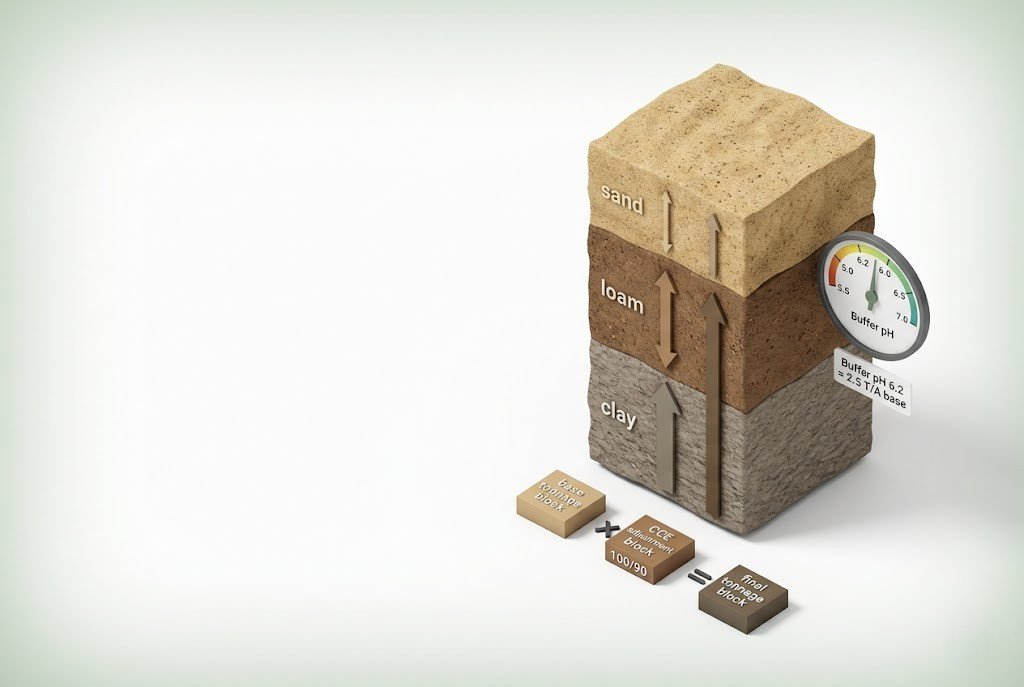 Agricultural lime calculator diagram showing buffer pH scale and soil resistance layers affecting lime requirement