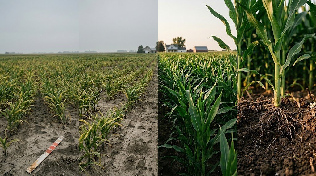 Agricultural lime calculator results showing acidic stunted crops versus healthy limed field with corrected pH