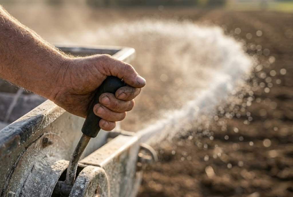 Farmer hands operating lime spreader applying calculated agricultural lime rate across tilled field