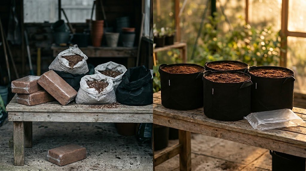Coco coir calculator showing disordered dry bricks versus grow bags filled to exact volume