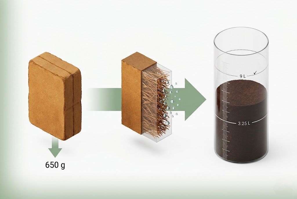 Coco coir calculator expansion formula diagram showing 650 g brick converting to volume in liters