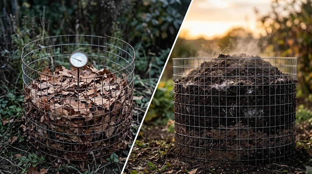 Compost calculator size comparison: cold undersized wire bin versus steaming active