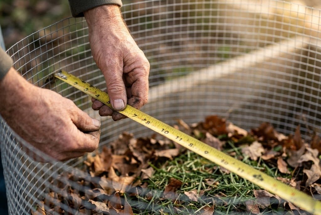 Weathered hands measuring the interior diameter of a wire compost bin for compost calculator input.