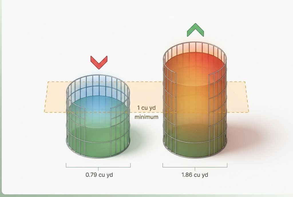 An isometric diagram shows the compost calculator’s one cubic yard minimum threshold required for hot composting.