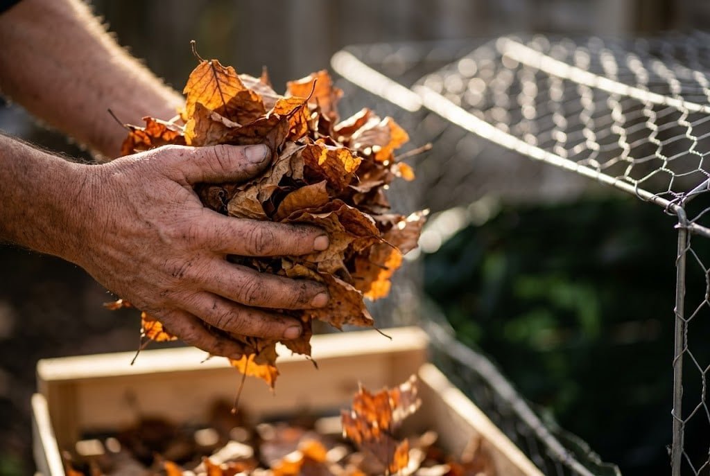 Gardener's hands adding dry leaves to correct compost ratio calculator result showing high C:N