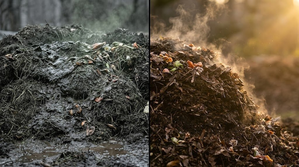 Compost ratio calculator showing failed anaerobic pile versus ideal active compost pile