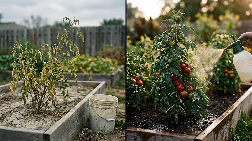 Split image showing wilted plant with undiluted tea versus thriving plant after proper compost tea dilution calculator use
