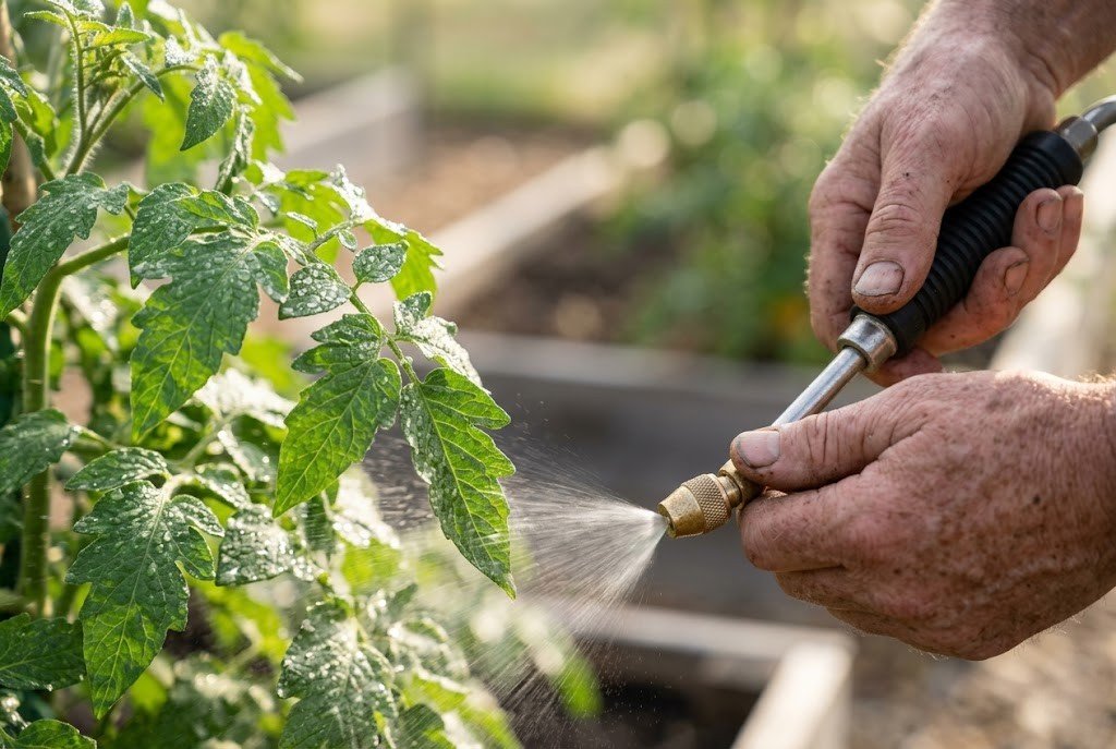 Gardener hands applying diluted compost tea as foliar spray using pump sprayer on tomato leaves