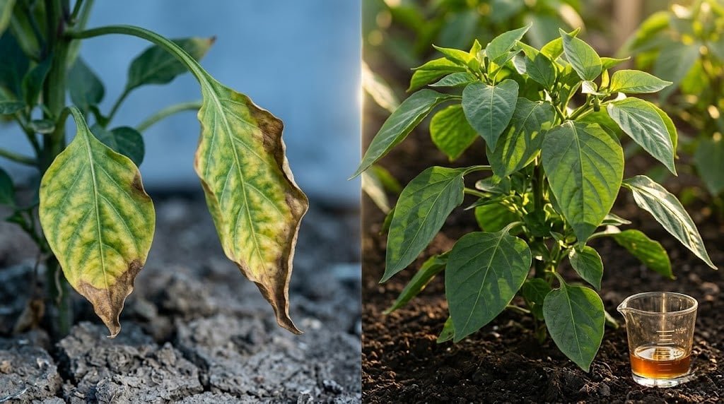Split scene showing fertilizer burn damage beside a healthy plant with fertilizer dilution calculator precision
