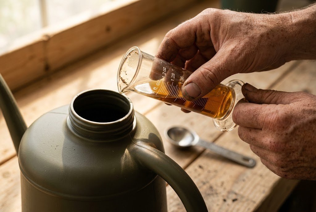 Gardener's hands tipping measured concentrate into watering can following a fertilizer dilution calculator result