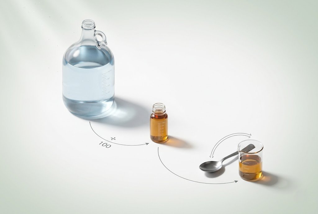 3D diagram of fertilizer dilution calculator unit conversion chain from gallon ratio to tablespoon output