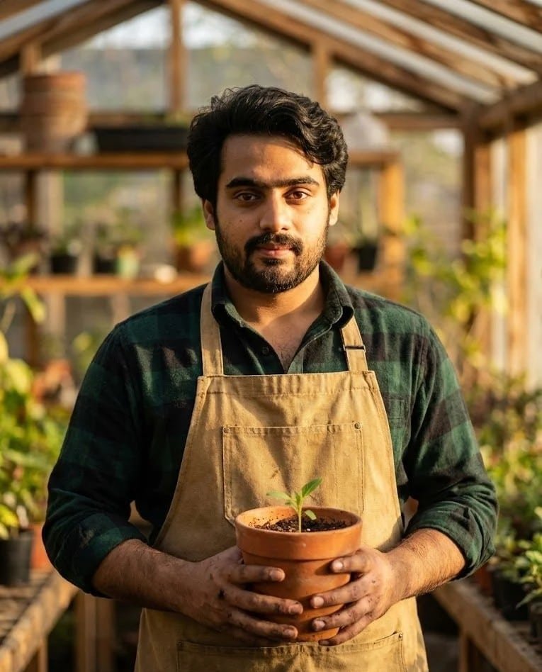 Umer Hayiat, founder of THE Yield Grid, standing in a greenhouse holding a small potted seedling.