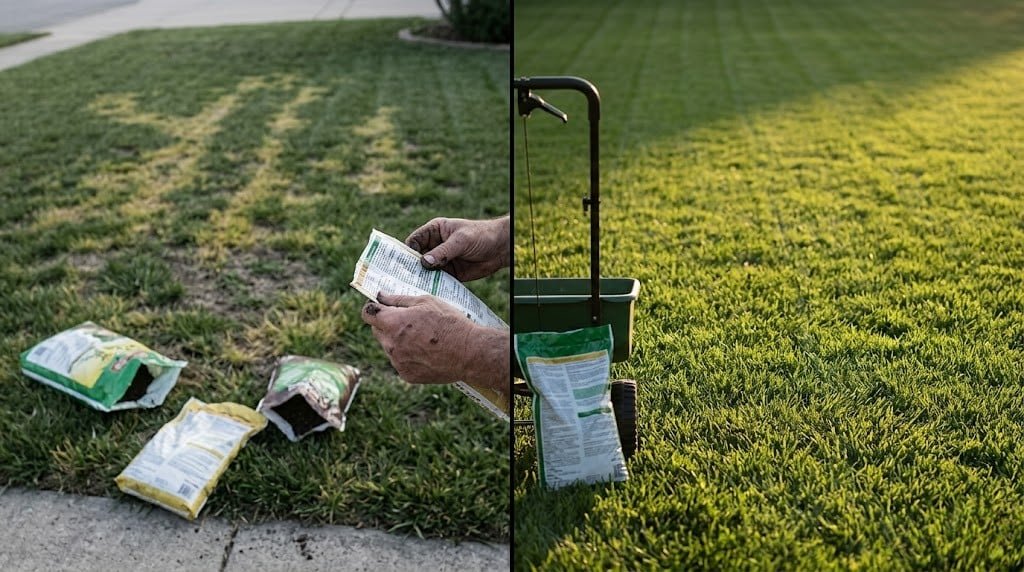 Patchy yellowed lawn versus uniform green turf after correct lawn fertilizer calculator use