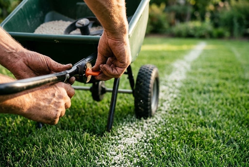 Weathered hands adjusting spreader lever over turf while applying calculated lawn fertilizer amount
