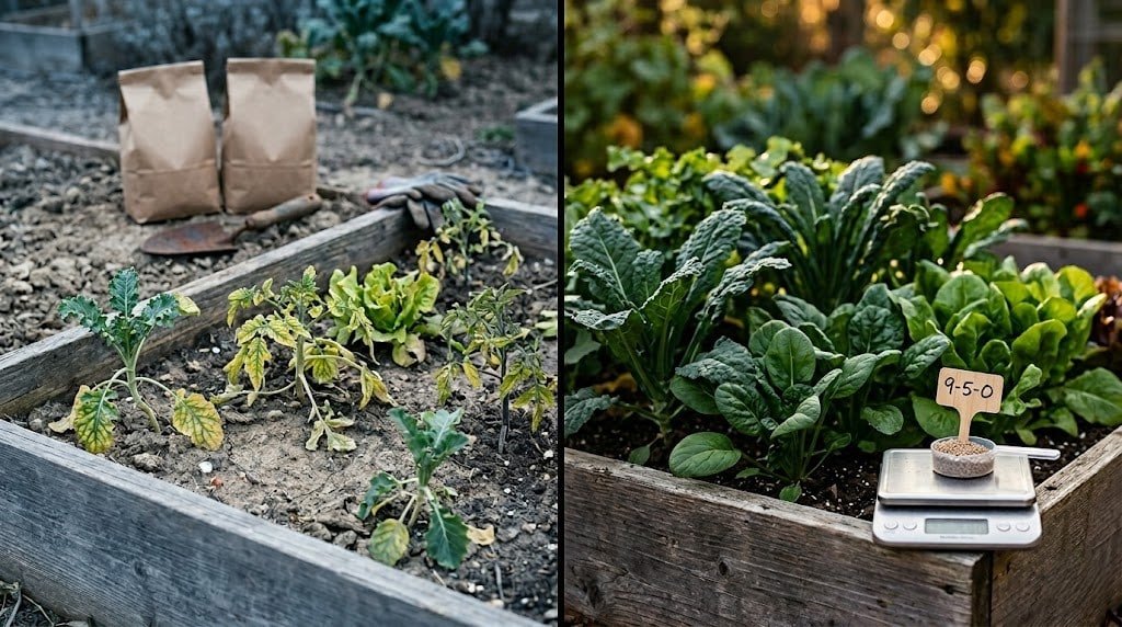 NPK calculator showing wrong fertilizer ratio versus correctly weighted blend in raised bed