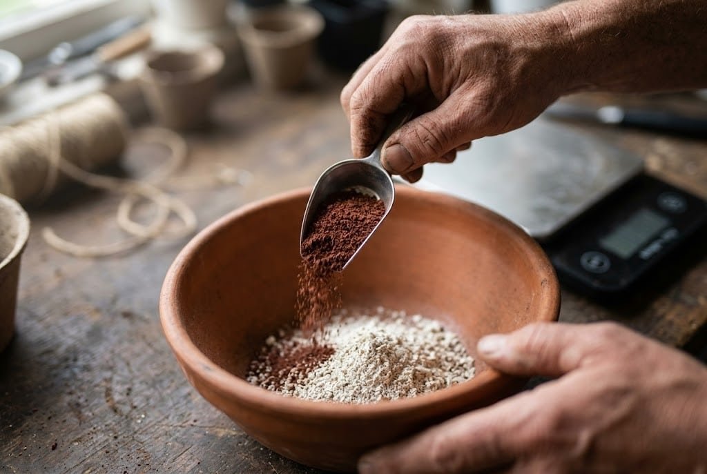 Weathered hands weighing blood meal on kitchen scale for accurate NPK calculator fertilizer blend