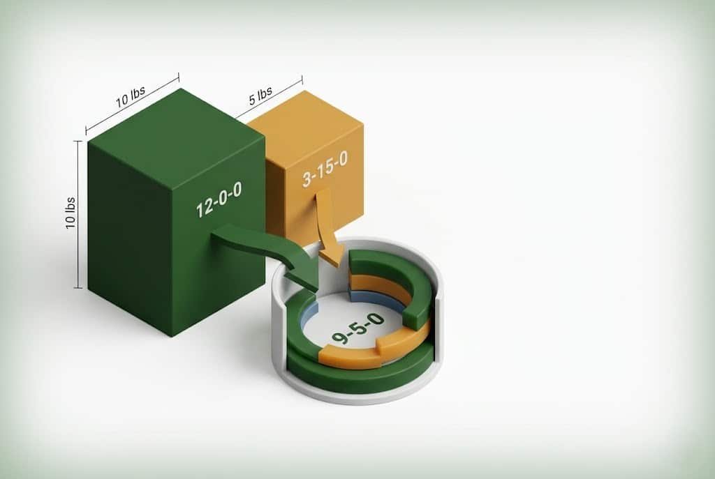NPK calculator weighted average formula shown as two mass-scaled fertilizer blocks merging by proportion