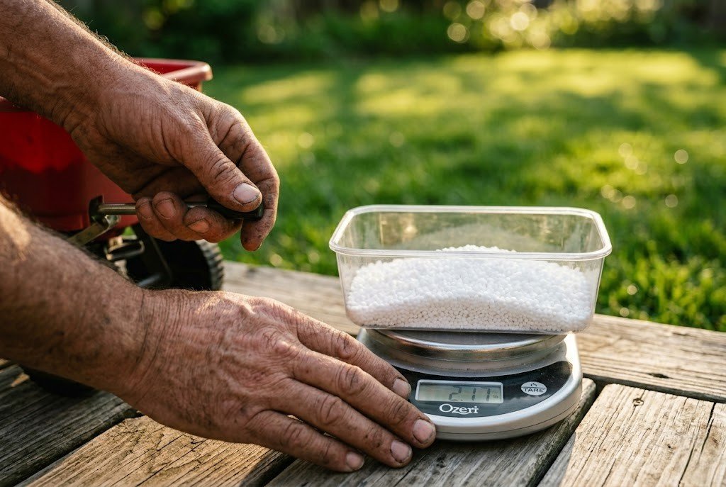 Hands calibrating fertilizer spreader with scale showing exact NPK calculator output weight in catch pan