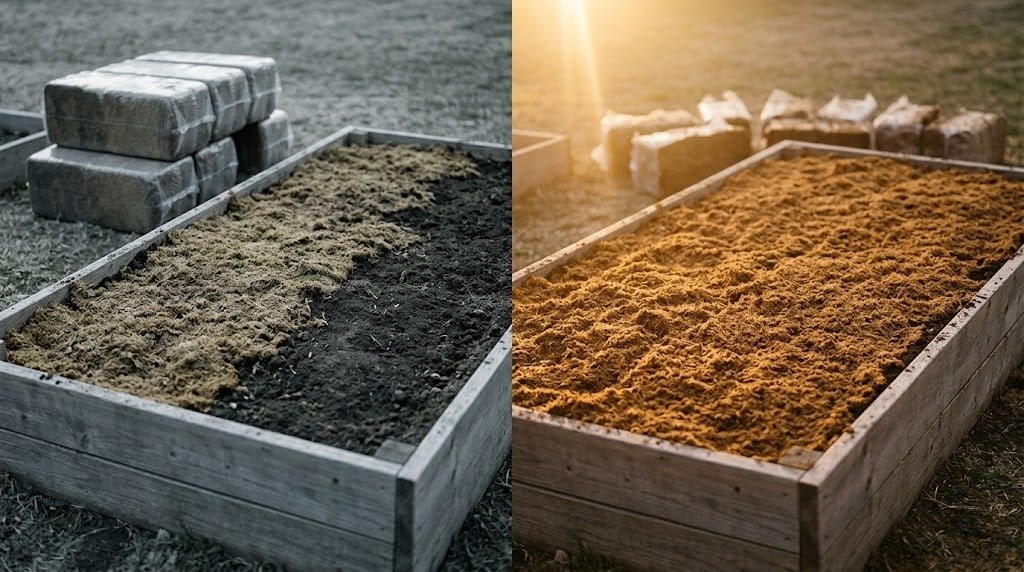 Split scene showing under-applied peat moss bed beside correct peat moss calculator coverage