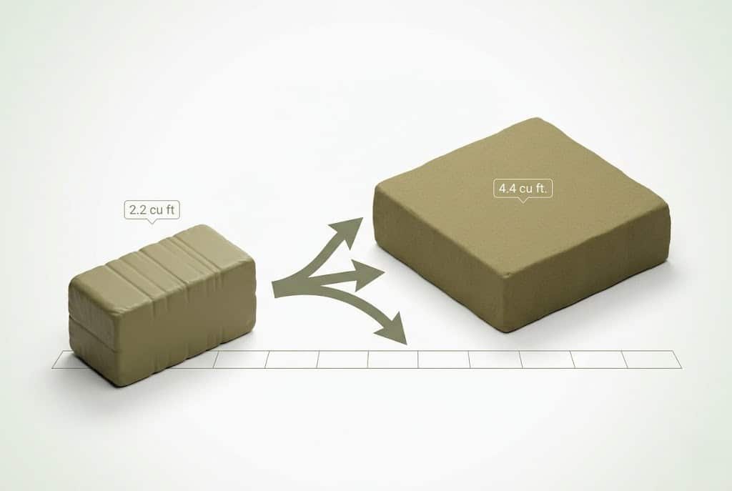 3D diagram showing peat moss calculator 2:1 bale expansion from 2.2 to 4.4 cubic feet