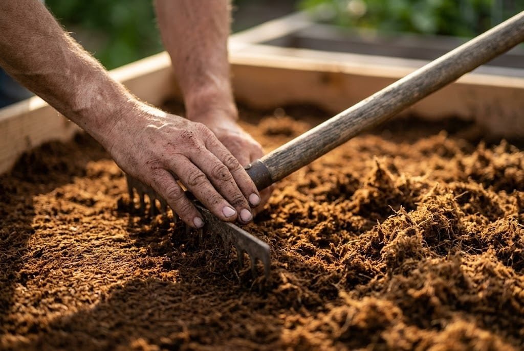 Gardener's hands raking peat moss layer across raised bed after peat moss calculator result