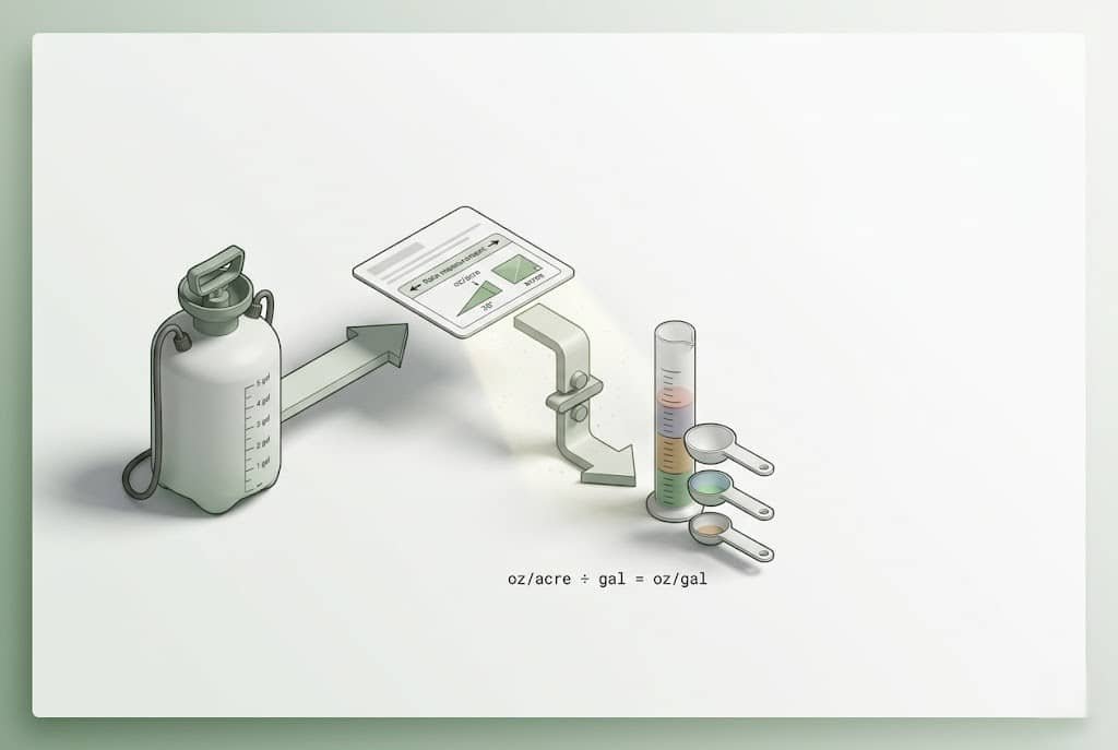 Pesticide dilution calculator oz/acre to oz/gal formula diagram showing fl oz, tbsp, and tsp outputs