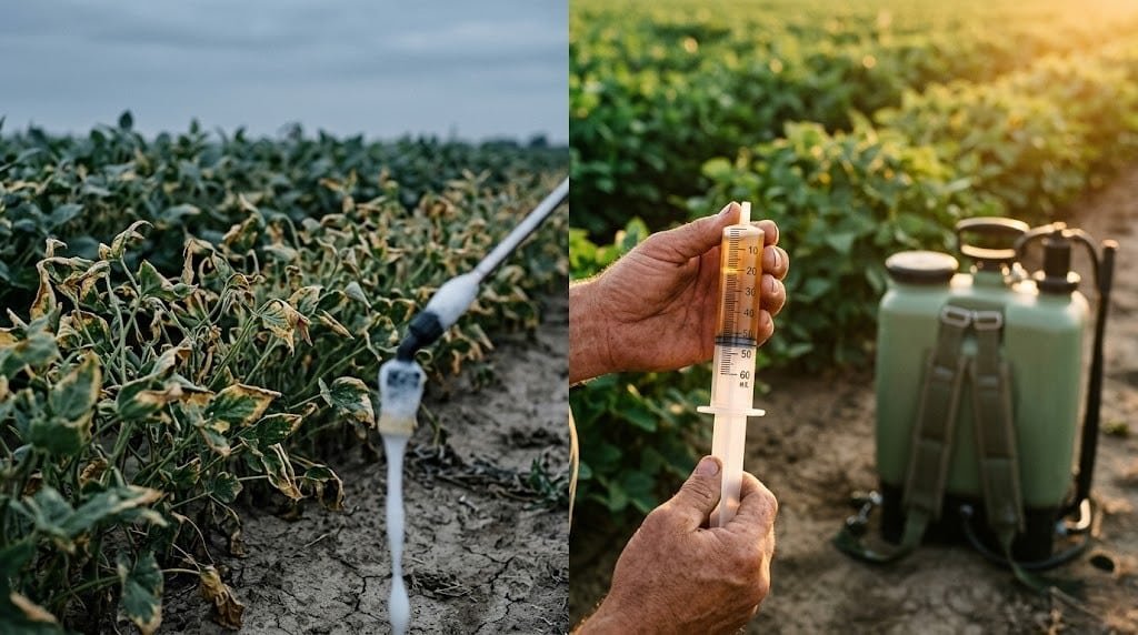Split-screen pesticide dilution calculator result showing crop damage versus precise concentrate measurement