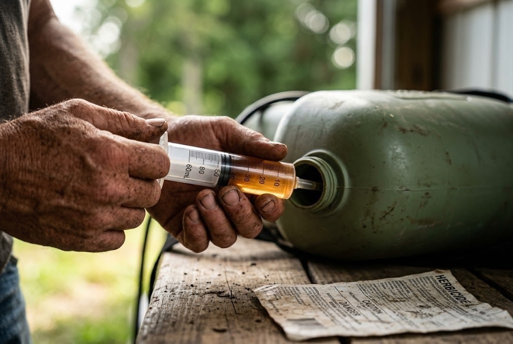  Weathered hands measuring pesticide dilution calculator result with a graduated syringe over a sprayer tank