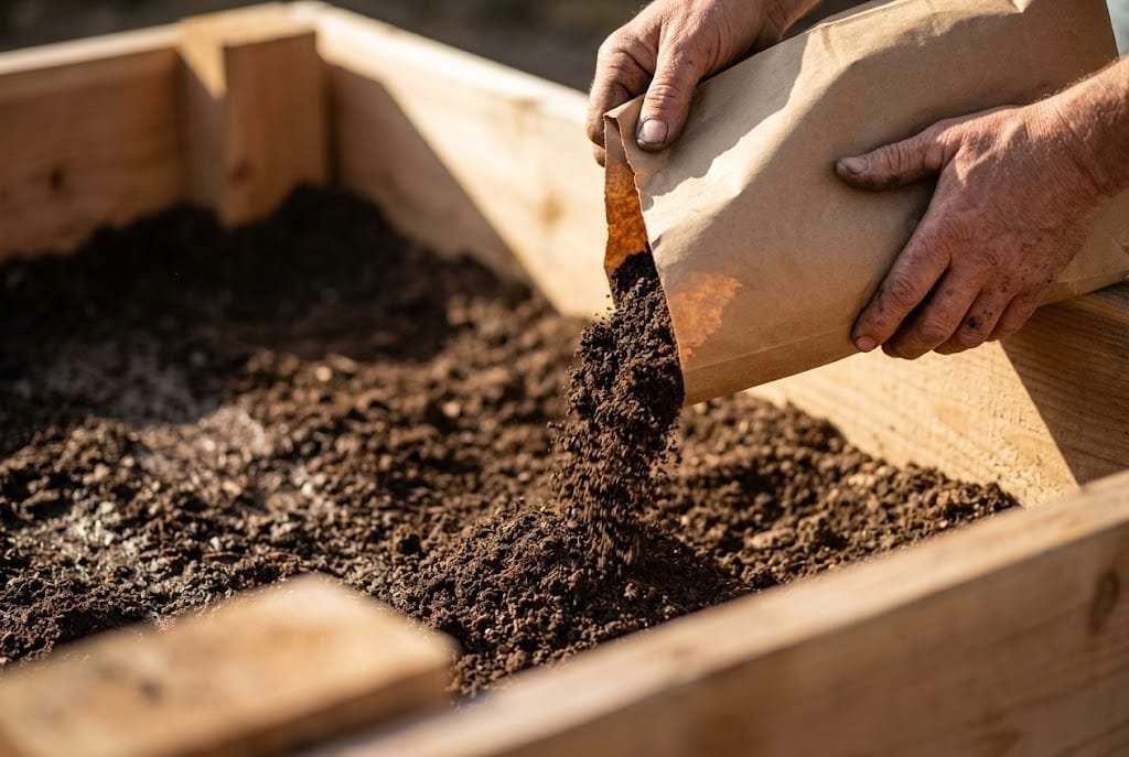  Weathered hands pouring soil bag into raised bed guided by raised bed soil calculator bag count output