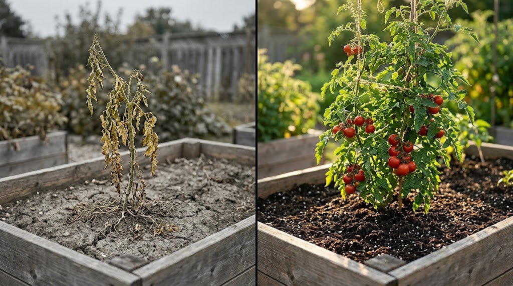 Soil mix calculator result comparison showing compacted soil versus healthy Mel's Mix in raised beds