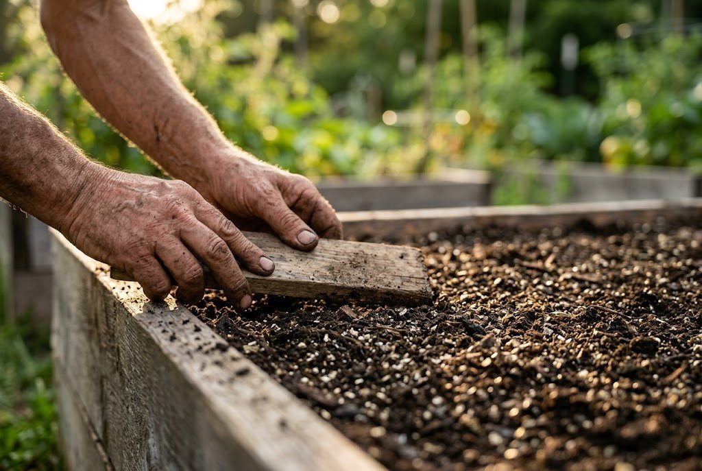 Gardener leveling calculated soil mix into raised bed using soil mix calculator quantities