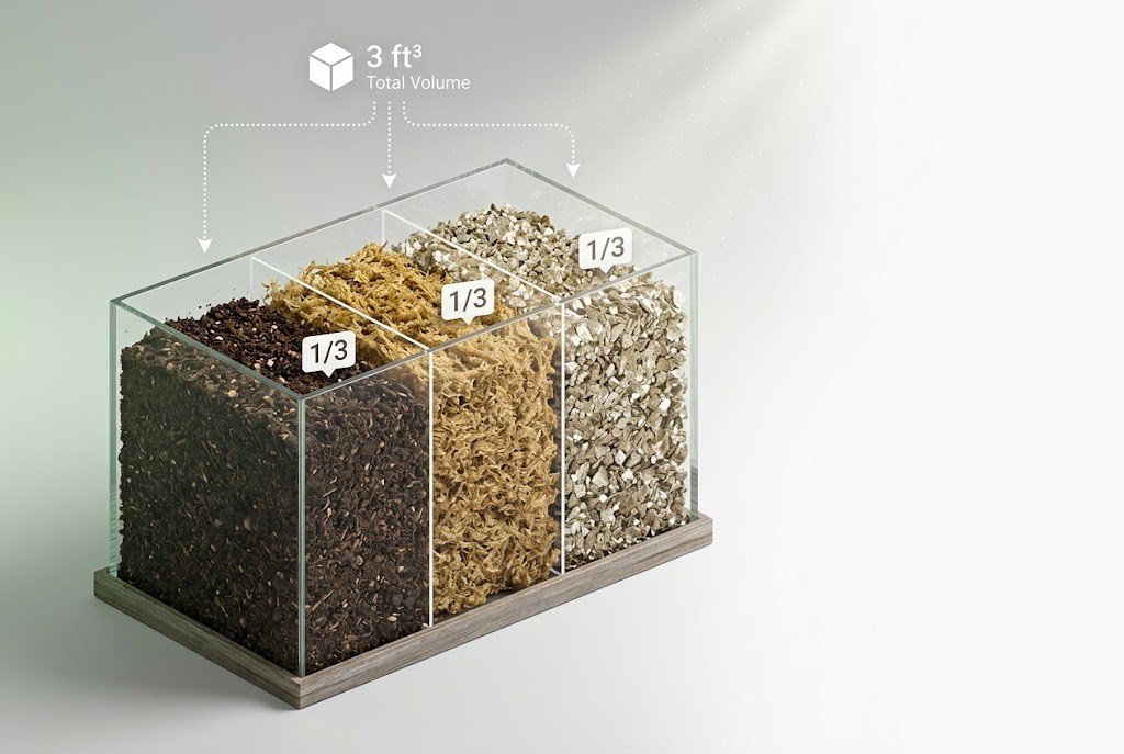 Soil mix calculator diagram showing equal thirds of compost, peat moss, and vermiculite