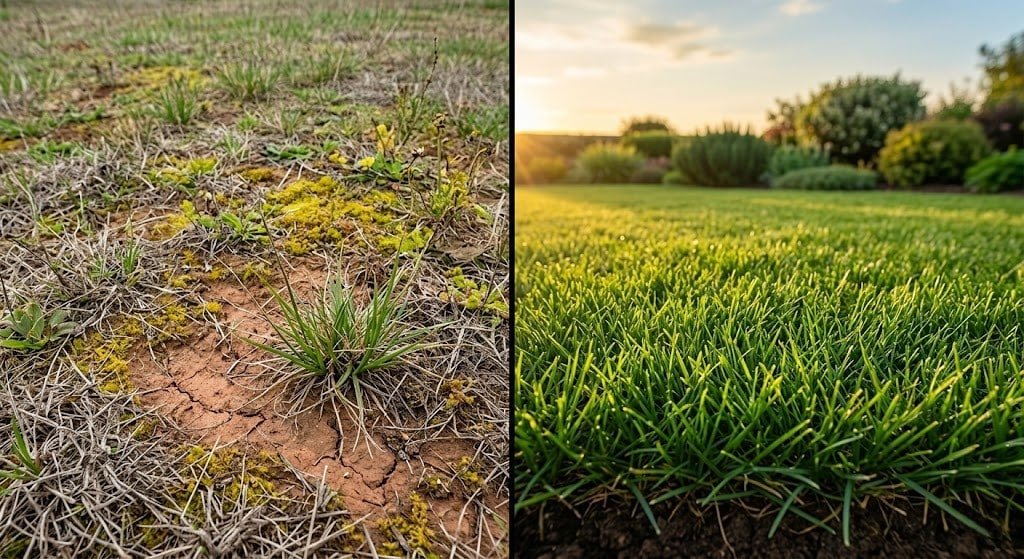 Before and after soil pH lime calculator result showing acidic lawn versus corrected green turf