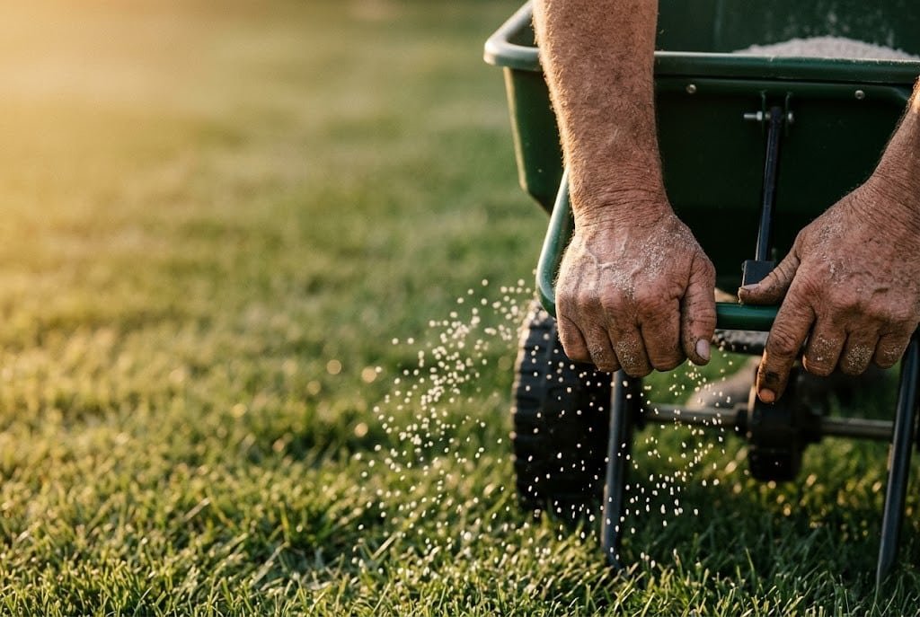Weathered hands spreading granular lime with broadcast spreader on lawn using soil pH lime calculator output