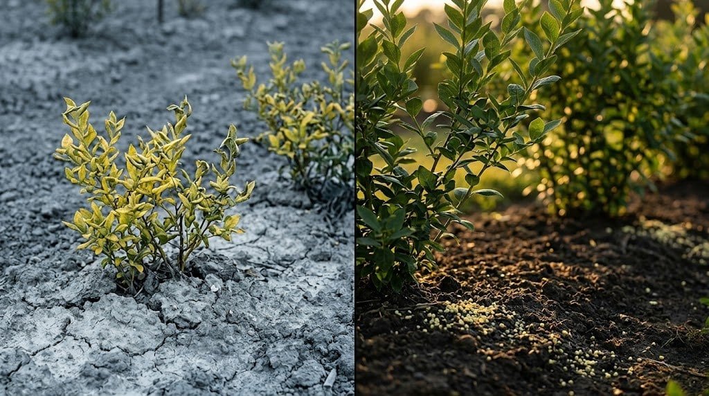 Soil pH sulfur calculator results contrasting chlorotic versus healthy blueberry shrubs in clay soil