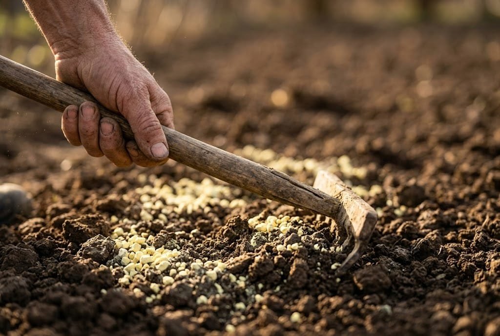 Weathered hands raking elemental sulfur granules into clay soil using the soil pH sulfur calculator rate