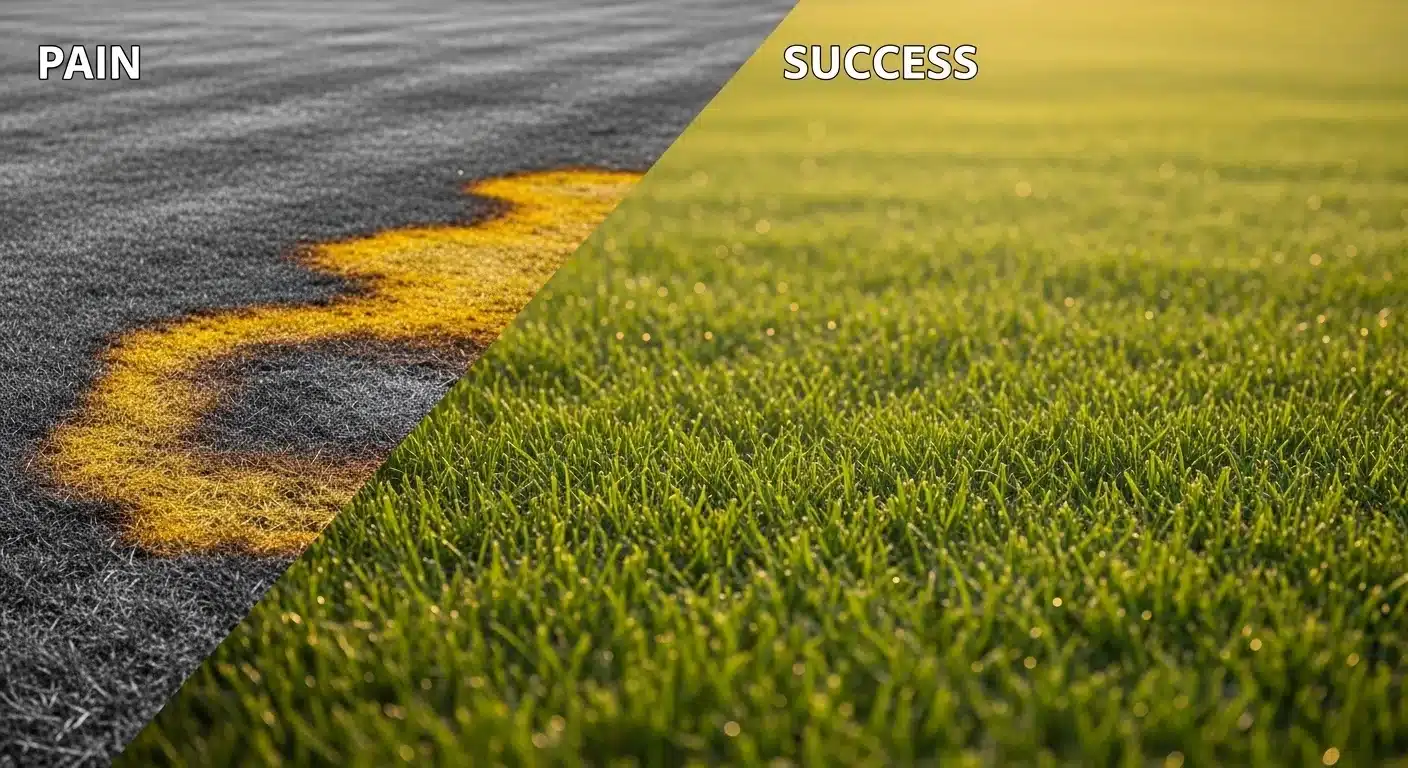 Side-by-side comparison of chemical-burned grass versus healthy turf using Active Ingredient per Acre Calculator.