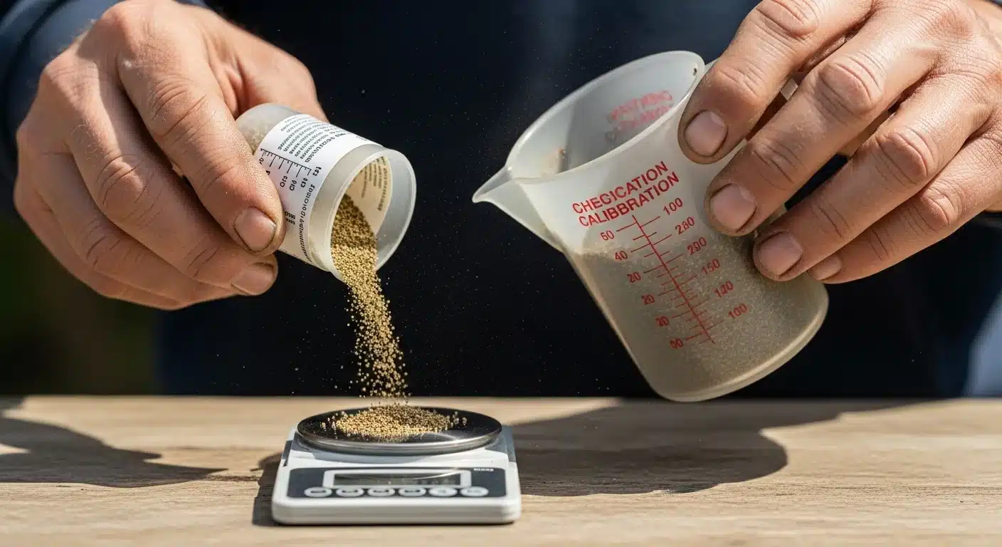 Close-up of gardener measuring product on a scale verified by Active Ingredient per Acre Calculator.