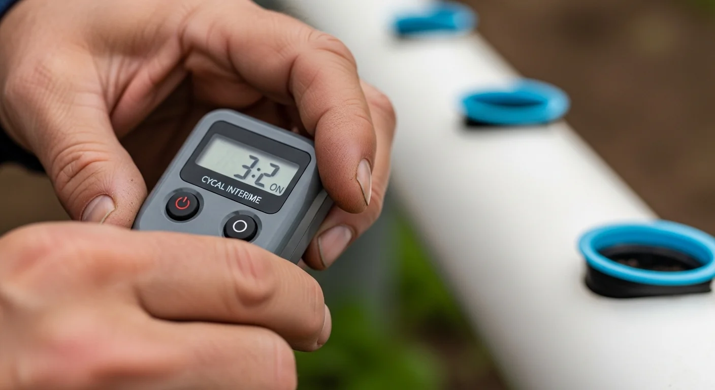 Weathered hands setting a digital cyclic interval timer to three seconds for aeroponic misting.