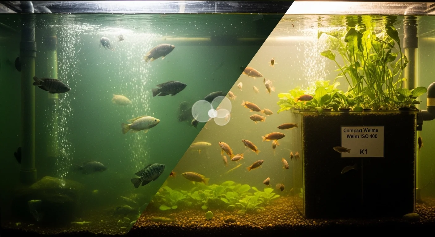 Aquaponics biofilter calculator showing ammonia crisis versus healthy clear system