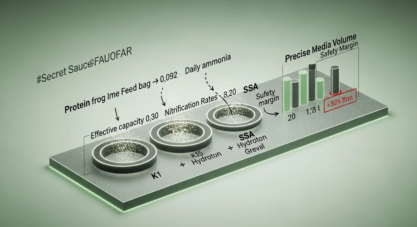 Aquaponics biofilter calculator logic showing ammonia from protein to media volume calculation
