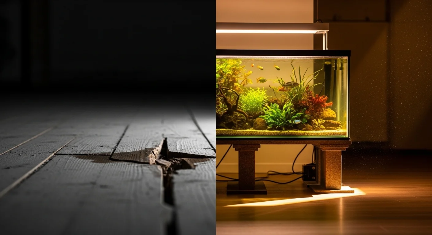 Split screen showing a damaged floor joist versus a properly supported aquarium volume calculator result.